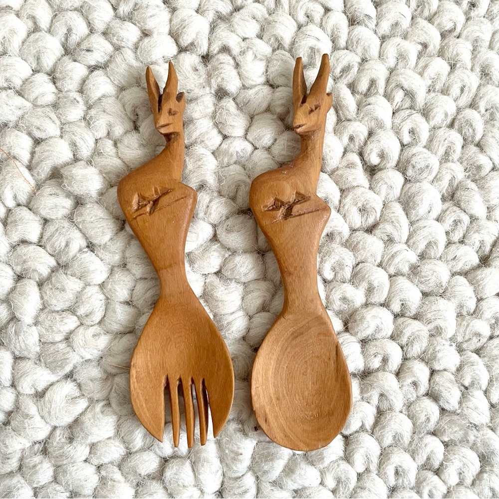 Handcrafted Rustic Deer-Design Spoon & Fork Set, 5” from Thailand